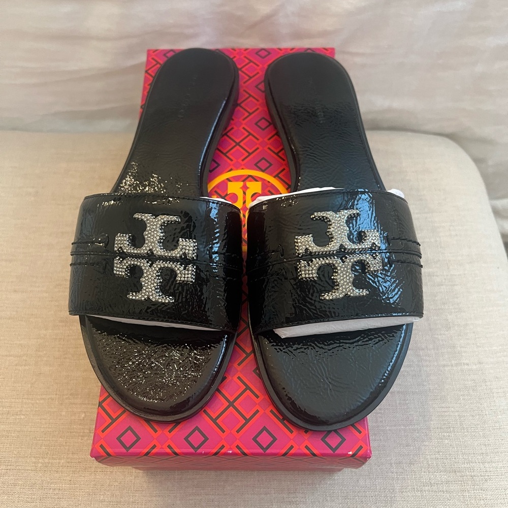 Tory Burch EVERLY Black Patent Slide Sandals NWT 7.5